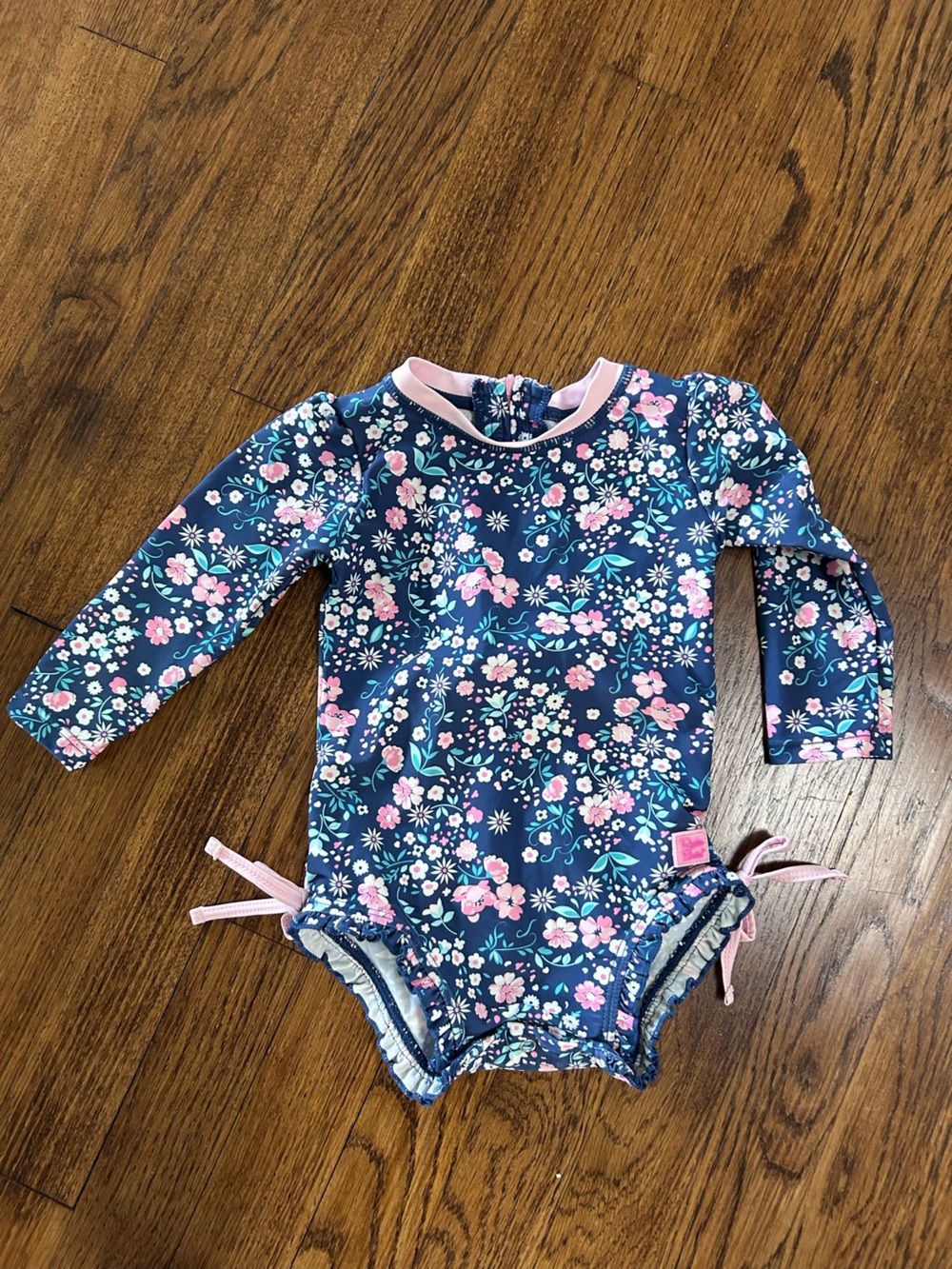 Girls' Navy Floral Long-Sleeve Rash Guard Swimsuit